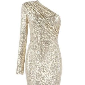 Bellabarnett Alexis One-Shoulder Champagne/Metallic Sequin Stretchy Midi Dress🥂